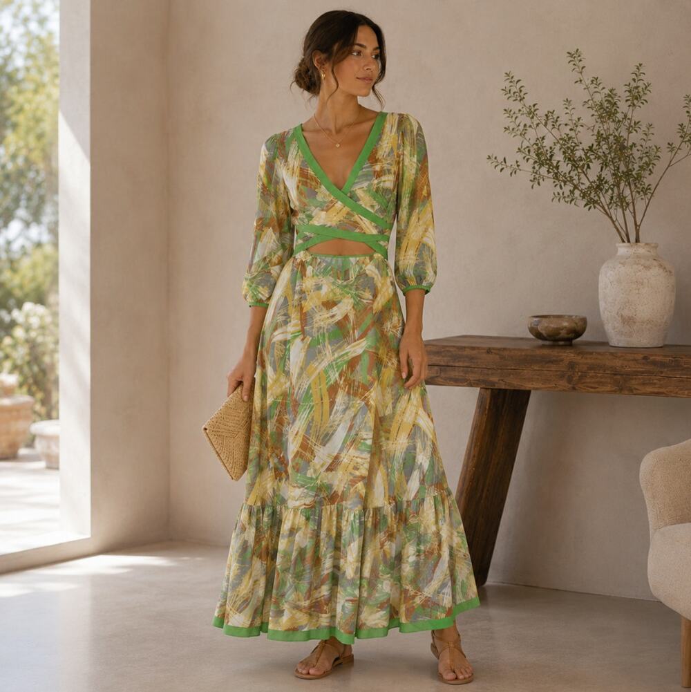 L'ATISTE BY AMY Tie Front Tiered Maxi Dress Green Tan Cream Sz S NWT $110 {KK33}